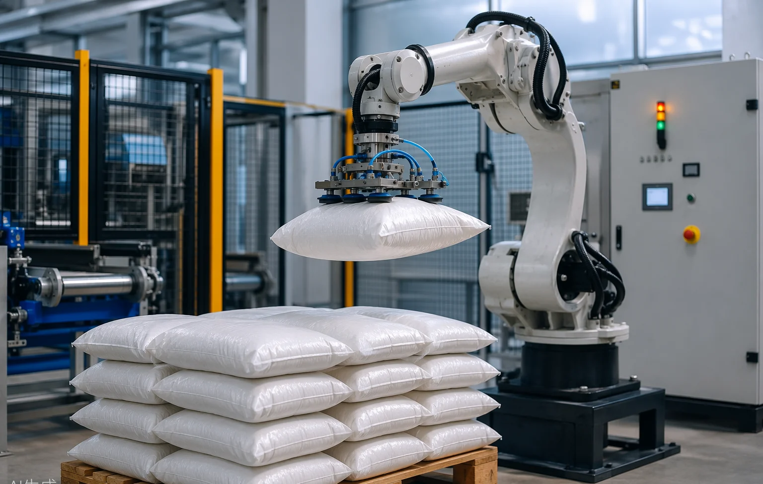 Four-axis palletizing robot with vacuum gripper placing a white sack onto a pallet inside a safety-fenced cell
