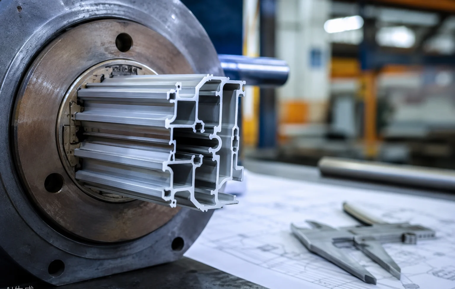 Aluminum extrusion die with a hollow profile cross-section emerging, beside drawings and a vernier caliper
